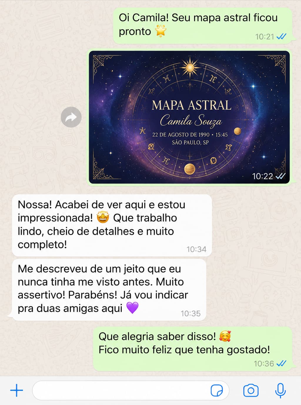 Conversa com depoimento sobre um Mapa Astral personalizado