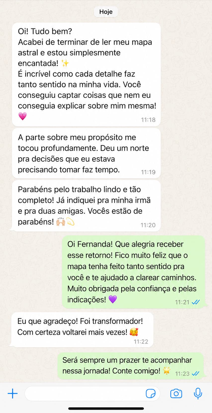 Conversa com depoimento sobre clareza e propósito no Mapa Astral