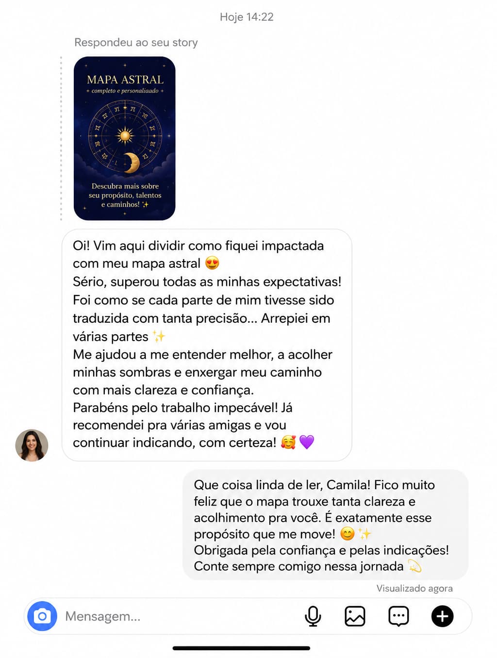 Mensagem com depoimento sobre um Mapa Astral personalizado